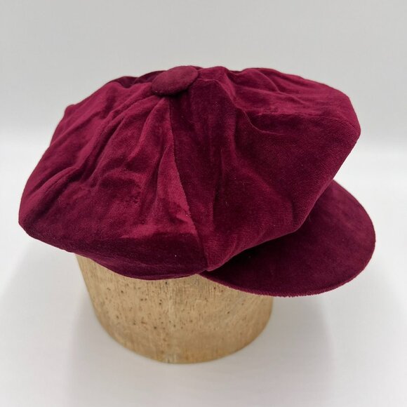 Vintage Montgomery Ward Newsboy Cap Wine Raspberry Velvet Cotton Polyester Blend - Picture 2 of 8